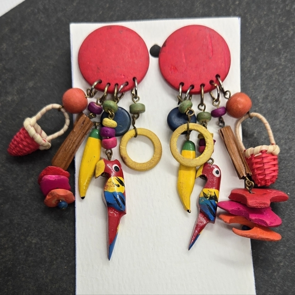 Artisan Colorful Parrot Banana Beads Wooden Dangle Earrings - Picture 11 of 15